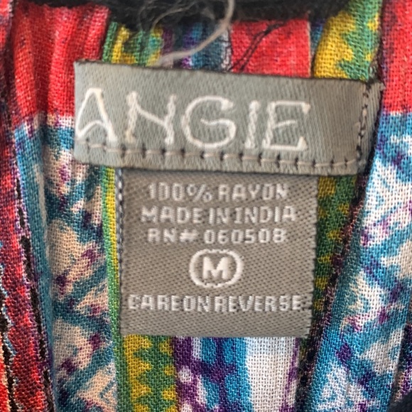 Angie Cold Shoulder Front Tie Sheer Black Colorful Boho Tunic Dress Size Medium - Picture 6 of 8